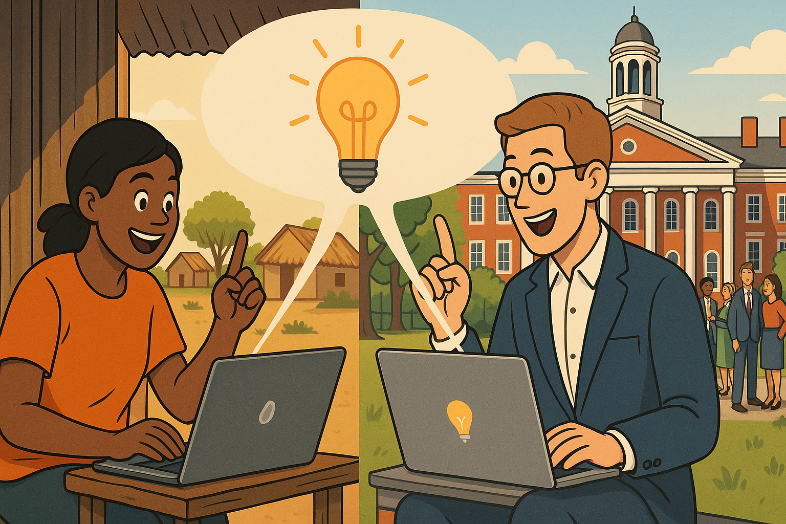 Split-screen illustration of two researchers—one a young African woman in a rural village, the other a white male scholar on an Ivy League campus—both smiling and pointing upward as they receive AI-driven feedback on their laptops, symbolizing shared access to academic insight across geographic and socioeconomic divides.