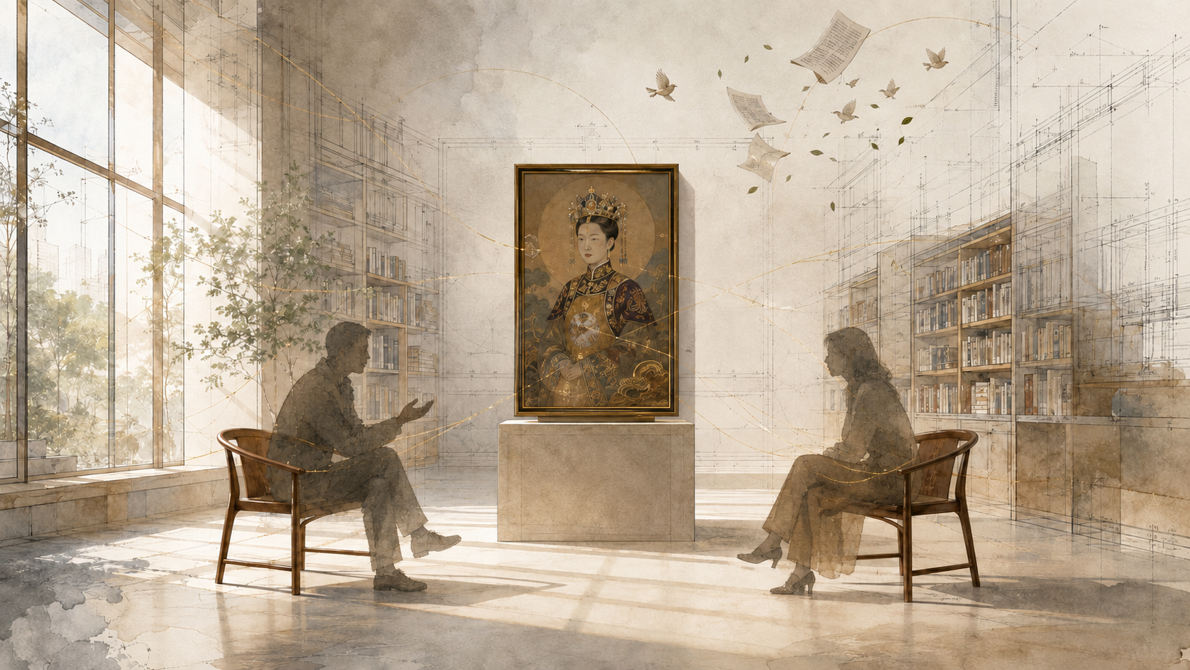 Watercolor editorial illustration of two visitors in conversation inside a light-filled public library, with a Chinese empress portrait, architectural drawings, books, and golden threads symbolizing discovery and human connection.
